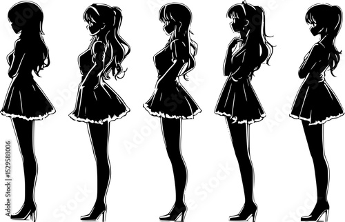 Five female silhouettes are posing in short dresses and high heels, showcasing various elegant and feminine stances