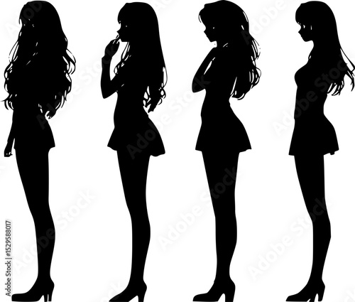 Four female silhouettes are posing in mini skirts and high heels, showcasing various attitudes and body language
