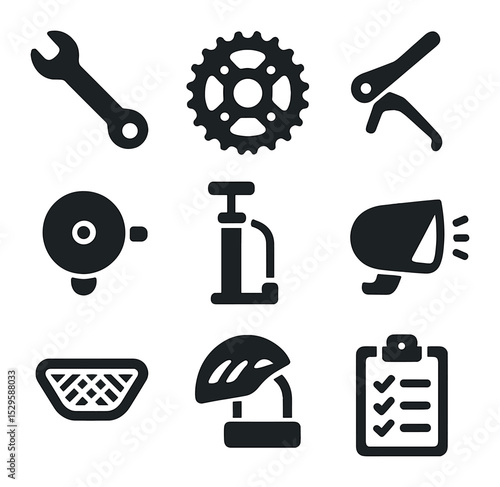 Bike Maintenance Icons. Solid, filled icons set of bike maintenance and safety: wrench tool, chain gear, brake