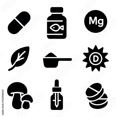 Supplement Icon Grid. Solid, filled icons set of productivity-enhancing supplements: L-theanine capsule, omega