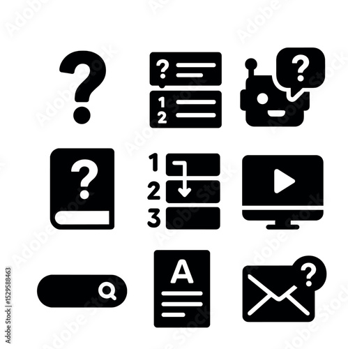 Help Icons Grid. Solid, filled icons set of FAQ and help content: question mark, accordion tab, chatbot icon,