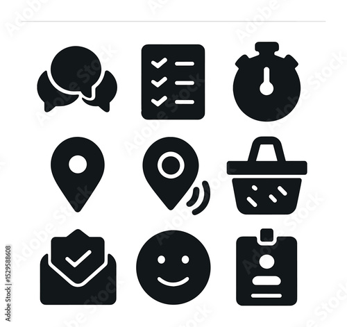 Picnic Coordination Icons. Solid, filled icons set of picnic and play coordination: group chat bubble,