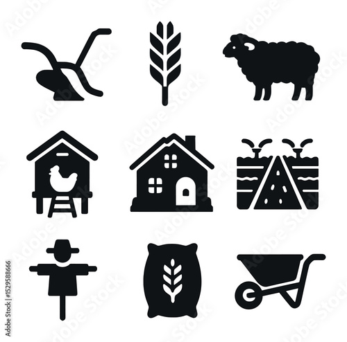 Countryside Farming Icons. Solid, filled icons set of countryside farming scenes: plow, wheat stalk, sheep,