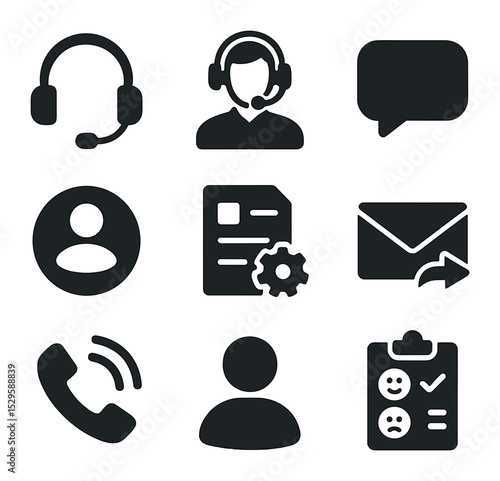 Customer Support Icons. Solid, filled icons set of customer support and call center services: headset, call