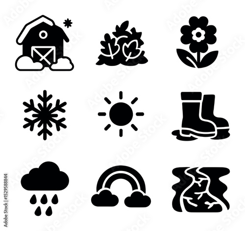 Seasonal Icons Grid. Solid, filled icons set of seasonal changes in rural areas: snow-covered barn, autumn