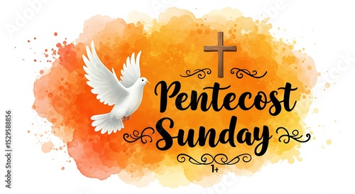 Pentecost Sunday Celebration. white dove and cross with Watercolor background