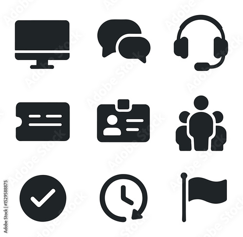 Help Desk Icons. Solid, filled icons set of help desk operations: computer screen, live chat, headset mic,