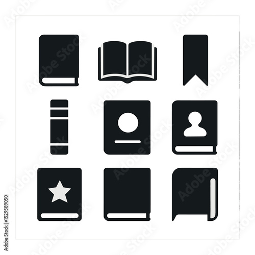 Book Icons Grid. Solid, filled icons set of book covers: hardcover book, open book, bookmark, spine, title