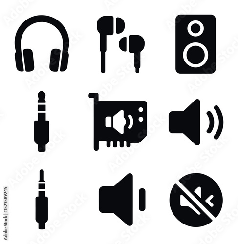 Laptop Audio Icons. Solid, filled icons set of laptop audio accessories: headphones, earbuds, external speaker