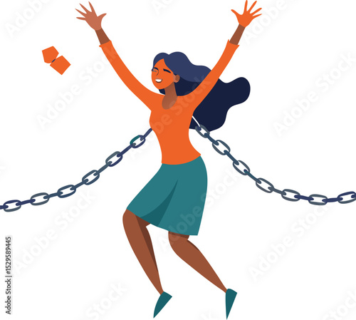 Slave trade and abolition International day remembrance concept. Positive female jumping out of broken metal chains with hands raised up feeling happy stock illustration