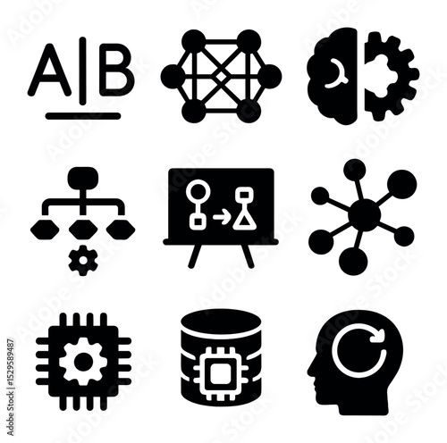 Cognitive Architecture Icons. Solid, filled icons set of cognitive architectures: symbolic logic, neural net,