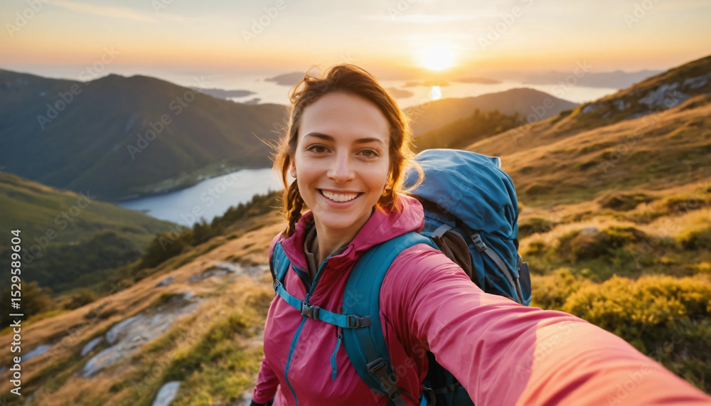 Naklejka premium woman hiker in mountains