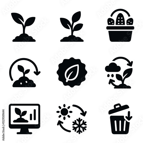 Sustainable Agriculture Icons. Solid, filled icons set of sustainable crop cycles: seedling icon, growth stage