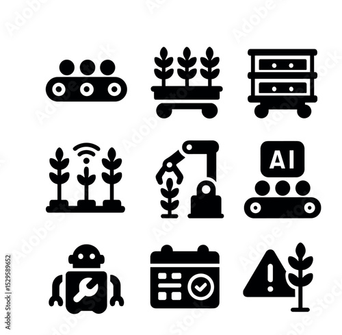 Automated Farm Icons. Solid, filled icons set of automated farm systems: conveyor belt, crop collector, tray