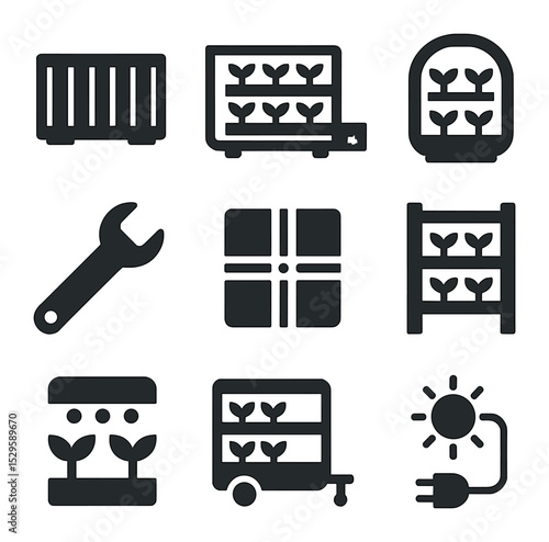 Modular Farming Icons. Solid, filled icons set of modular agricultural units: shipping container,