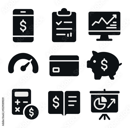 Modern Finance Icons. Solid, filled icons set of personal finance tools: banking app, smart budget, financial