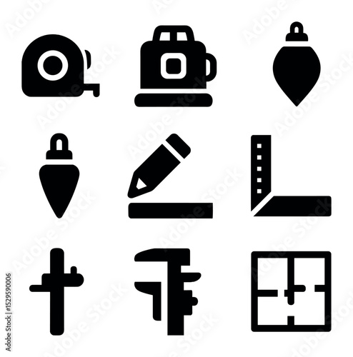 Measuring Tools Icons. Solid, filled icons set of measuring and layout tools: measuring tape, laser level,
