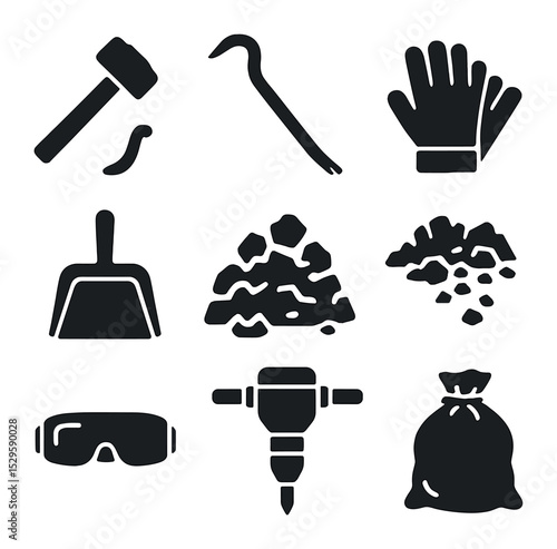 Demolition Tools Icons. Solid, filled icons set of demolition tools: sledgehammer, crowbar, pry bar, dustpan,