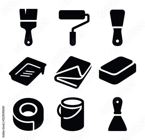 Painting Tools Icons. Solid, filled icons set of painting and finishing tools: paintbrush, roller, putty knife