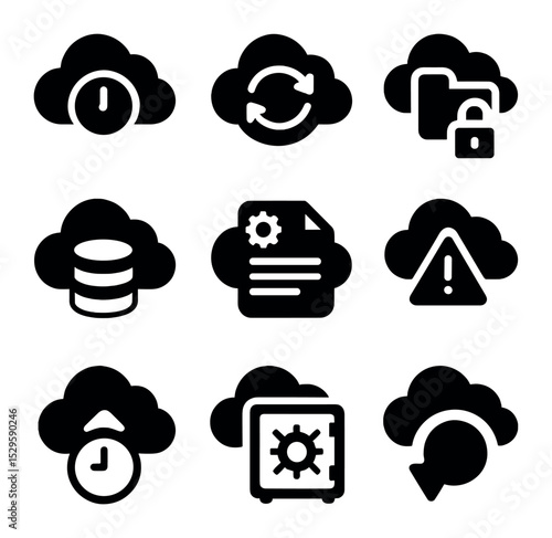 Cloud Backup Icons. Solid, filled icons set of cloud backup systems: clock with cloud, rotating arrows, locked