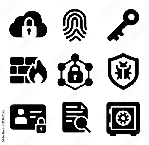 Cloud Security Icons. Solid, filled icons set of data security in cloud: padlock on cloud, fingerprint,