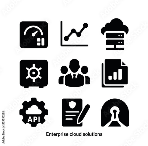 Enterprise Cloud Icon Set. Solid, filled icons set of enterprise cloud solutions: dashboard icon, analytics