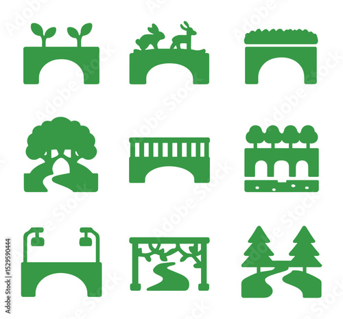 Green Bridge Icons. Solid, filled icons set of green bridges: overpass with plants, eco wildlife crossing,