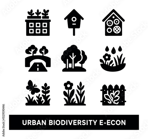 Urban Eco Icons. Solid, filled icons set of urban biodiversity: rooftop gardens, birdhouses, insect hotels,