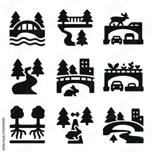 Forest Corridor Icons. Solid, filled icons set of forest corridor integration: green bridges, canopy links,