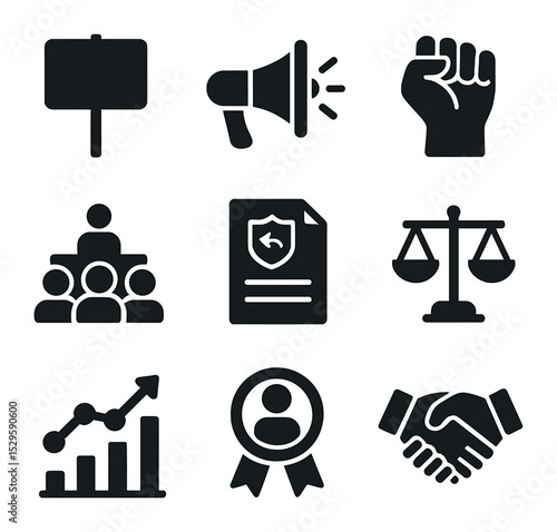 Innovative Social Icons. Solid, filled icons set of innovative achievements in social change: protest sign,