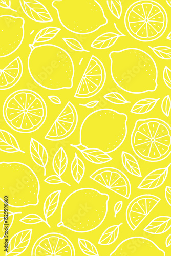 Lemon and lime illustrations in yellow with white outlines repeat in perfect rhythm, forming a seamless vector pattern suited for print or digital media.

