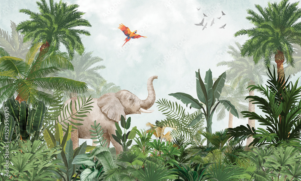 Fototapeta premium Minimalist Wildlife Mural: Gentle Elephant, Toucans in Soft Green Tropical Forest