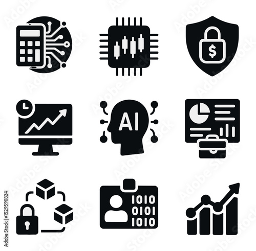 Quantum Finance Icons. Solid, filled icons set of quantum finance tools: quantum calculator, algorithmic