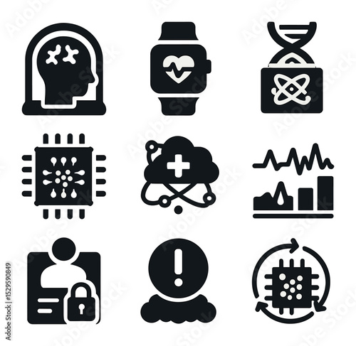 Quantum Medical Icons. Solid, filled icons set of quantum-enhanced medical devices: brain scanner, wearable