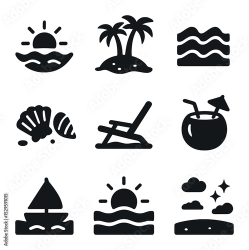 Beach Sunset Icons. Solid, filled icons set of sunset on the beach: setting sun, palm trees, ocean waves,