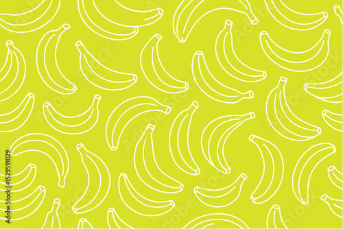 Vector background pattern featuring yellow bananas with white outlines, arranged playfully in repetition to create a fun, vibrant, and tropical fruit inspired design.

