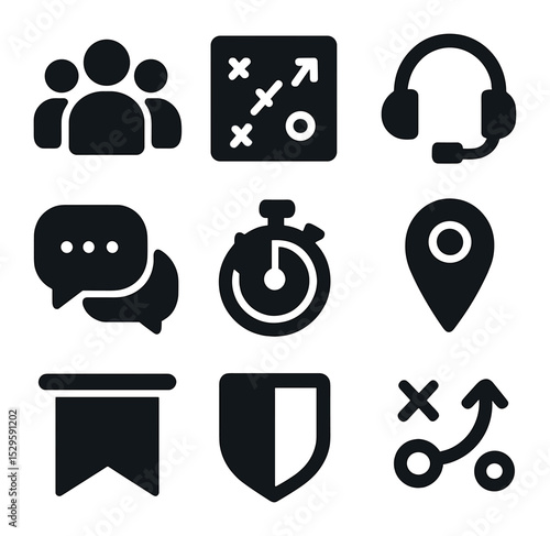 Team Gaming Icons. Solid, filled icons set of team-based video games: squad icon, tactical map, headset mic,