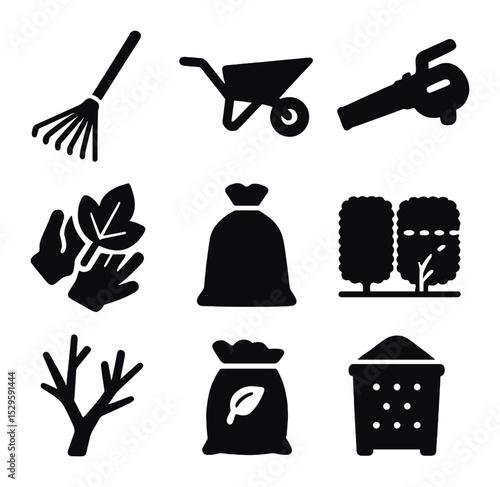 Seasonal Yard Icons. Solid, filled icons set of seasonal yard activities: garden rake, wheelbarrow, leaf