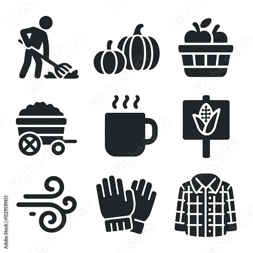 Fall Outdoor Icons. Solid, filled icons set of fall outdoor fun: raking leaves, pumpkin picking, apple basket,
