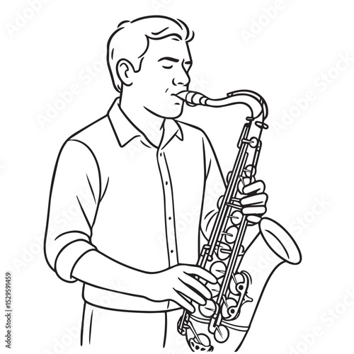 A minimalist black and white vector of a man with saxophone, outlined in bold black lines with smooth curves and simplified instrument form.

