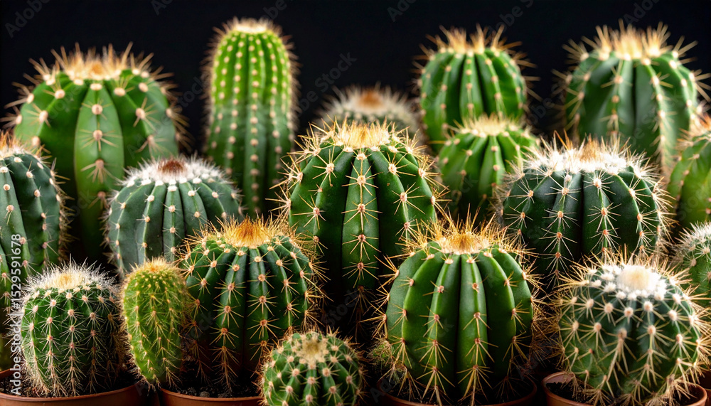 Various green cacti with sharp spines in small pots against black background, showing symmetrical shapes and natural textures in close up view Various green cacti with sharp spines in small pots against black background, showing symmetrical shapes and natural textures in close up view