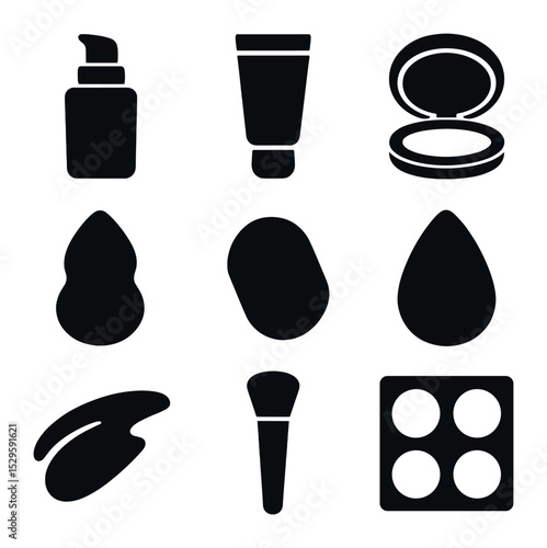 Makeup Essentials Icons. Solid, filled icons set of foundation bottles and sponges: pump foundation bottle,