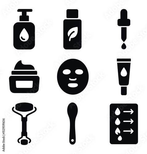 Skincare Routine Icons. Solid, filled icons set of skincare routines: cleanser bottle, toner bottle, serum