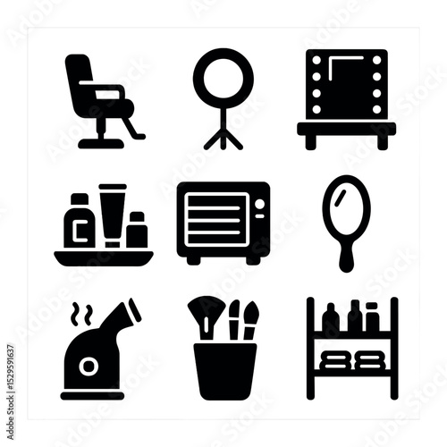 Beauty Salon Tools Icons. Solid, filled icons set of beauty salon tools: salon chair, ring light, vanity