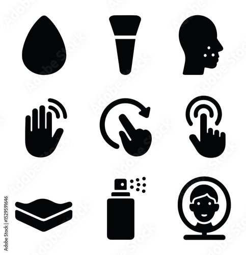 Cosmetic Application Icons. Solid, filled icons set of cosmetic application process: dab sponge, blend brush,