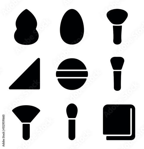 Makeup Blending Icons. Solid, filled icons set of makeup blending tools: latex sponge, silicone blender,