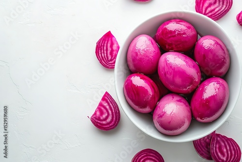 A close-up of raw beets and pink pickled eggs in a bowl seen from above suitable for a poster or setting, Generative AI.