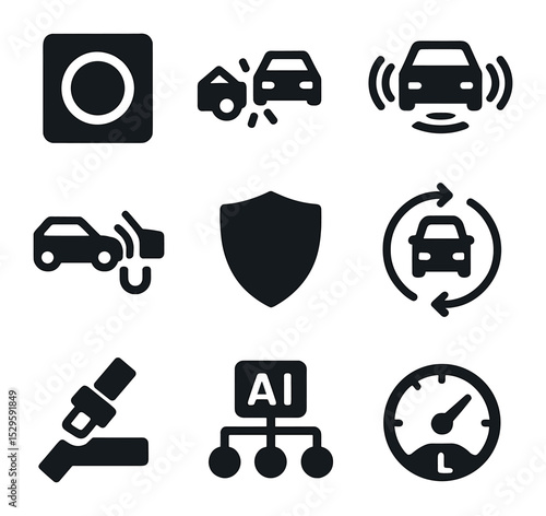 Self-Driving Safety Icons. Solid, filled icons set of self-driving safety systems: emergency stop button,