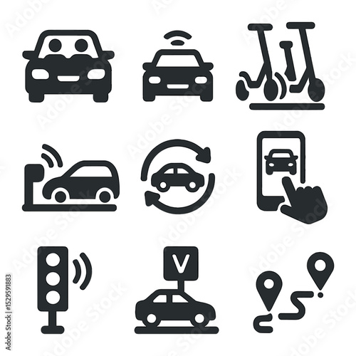 Urban Mobility Icons. Solid, filled icons set of urban mobility and self-driving integration: shared ride