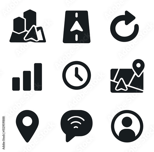 Smart Navigation Icon Set. Solid, filled icons set of smart navigation tools: 3D city map, lane guidance,